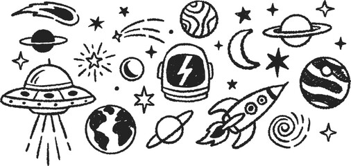 Hand drawn space theme vector illustration set with UFOs, rockets, planets, stars, comets, and astronauts in a doodle art style. © cddesign.co