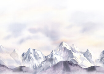 Fototapeta premium Seamless watercolor banner with snowy mountains, fog, forest, sky and clouds. Hand drawn template isolated on white background.