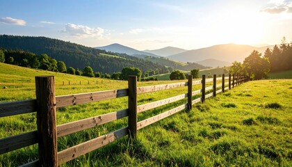 Wooden Fence in Green Field with Mountains and Sky