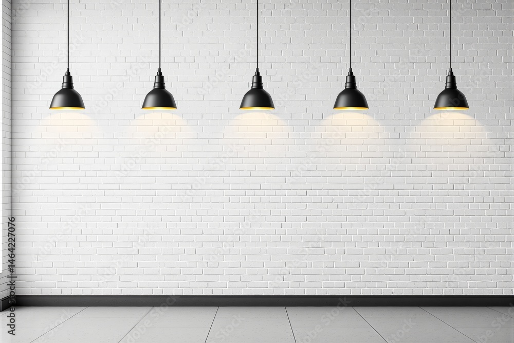 Poster white brick wall with five hanging lights above a tiled floor, minimal clean style, bright backdrop,