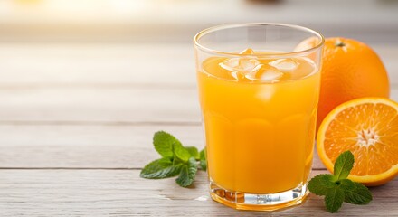 Refreshing Orange Juice with Ice, Oranges, and Mint on a Wooden Table - Healthy Beverage Concept.