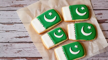 Rectangular sugar cookies decorated with the national flag of Pakistan, placed on parchment paper over a rustic wooden surface