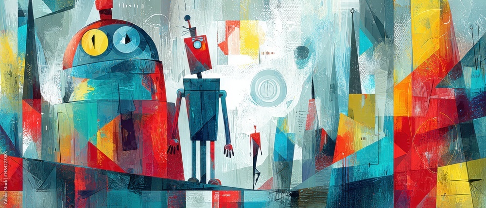 Poster colorful abstract painting of two robots in a futuristic cityscape, showcasing artificial intelligen