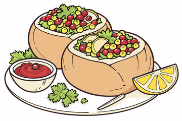 23 Bread bowls filled with colorful salad, pomegranate seeds, corn kernels, parsley garnish, lemon slice, white ceramic plate, small dipping sauce bowl, photorealistic food photography, appetizing, vi
