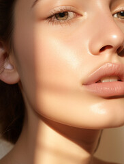Fototapeta premium close-up of a woman’s glossy lips and soft jawline,glowing dewy skin,natural makeup, golden hour light reflecting off skin,soft shadows,blurred pastel background,feminine and ethereal beauty