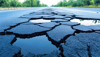 Cracked asphalt road with water puddles reflecting sky
