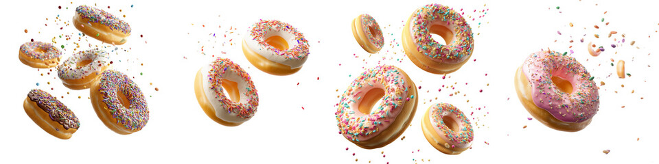 Collection of flying delicious donuts with sprinkles isolated on white or transparent background