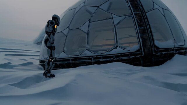 Futuristic humanoid robot standing in snowy landscape beside a geodesic dome structure

