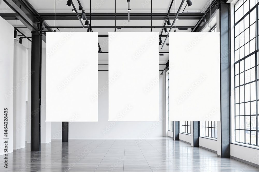 Poster three blank vertical posters hanging in a spacious modern gallery with industrial architecture, larg