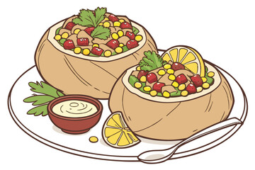 23 Bread bowls filled with colorful salad, pomegranate seeds, corn kernels, parsley garnish, lemon slice, white ceramic plate, small dipping sauce bowl, photorealistic food photography, appetizing, vi