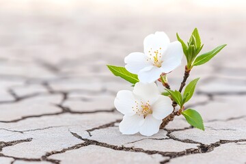 Delicate white blossoms sprout from cracked earth, symbolizing resilience and hope amidst aridity