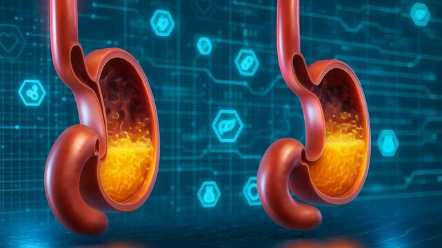 Digital Gastrointestinal Concept Showing Acid Reflux in 3D Stomach Scan with Data Elements and Blue Medical video

