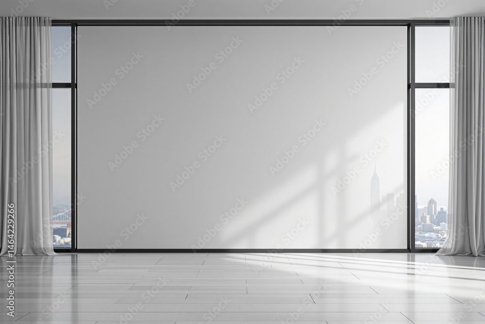 Poster empty modern room with white wall, soft light, floor-to-ceiling windows, and cityscape view in minim