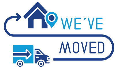 We've Moved Announcement, Label, Banner, Flyer, Vector Design Blue Fill Silhouette