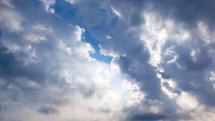 Blue sky with clouds and sunshine. Sky landscape on the horizon with clouds.