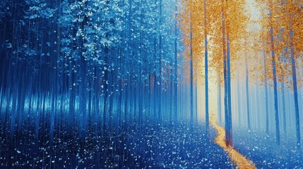 A vibrant forest path, contrasted by autumn colors.