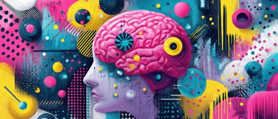 Abstract human head with brain illustration in vibrant colors Concept of creativity, mental health, artificial intelligence, and innovative thinking