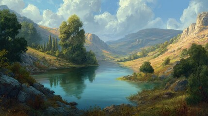 Obraz premium Serene valley landscape with reflecting lake.