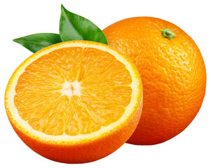 Orange with a half isolated png. Whole orange and a slice on transparent background. Orang fruit with leaf no background. Full depth of field. Transparent png
