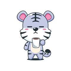 Cute white tiger cartoon vector illustration is tired and sleepy holding coffee