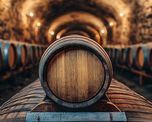 Wine barrels in cellar, aged wine