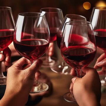 Primer plano de un brindis con copas de vino tinto durante una celebraci&oacute;n y fiesta