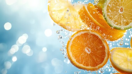 Juicy slices of orange and lime are bursting in water, creating a vibrant composition that captures the essence of freshness and vitality, perfect for food or beverage themes.