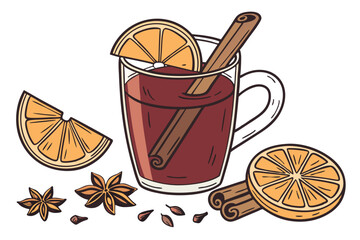 24 Mulled wine, glass mug, orange slice garnish, cinnamon sticks, star anise, cloves, warm beverage, festive drink, holiday spices, rich red color, transparent glass, white background, detailed produc