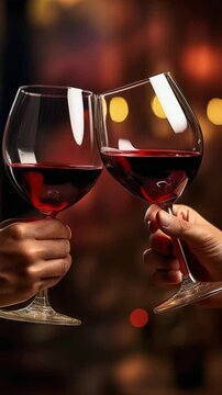 Primer plano de un brindis con copas de vino tinto durante una celebraci&oacute;n y fiesta