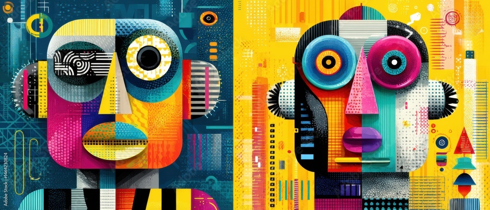Poster abstract colorful geometric face art with vibrant shapes and patterns modern artistic expression of 