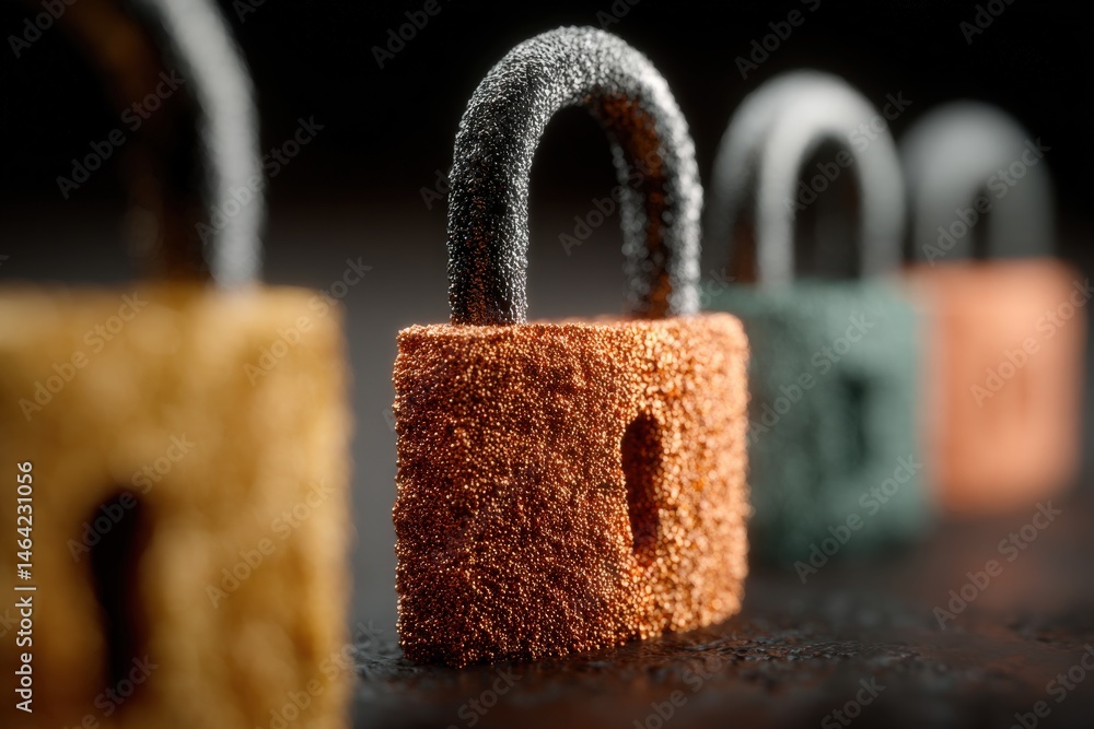 Poster detailed composition of three uniquely textured padlocks in varying colors capturing industrial secu