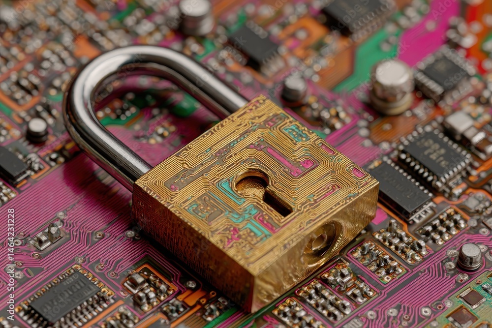 Poster close-up of a golden padlock placed on a colorful circuit board illustrating the intersections of se