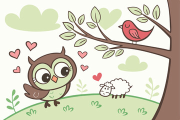 25 Cute cartoon owl, big eyes, perched on tree branch, red bird, hearts, sheep, green meadow, whimsical illustration, children's book style, pastel colors, Valentine's Day theme, kawaii, vector art, f