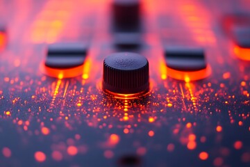 Illuminated control panel of electronic audio equipment showing details clearly