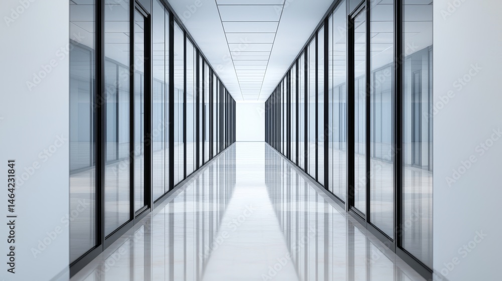 Poster modern corridor with glass walls and reflective flooring. reflection and mirroring visual depth conc