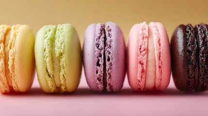 Colorful macarons line up beautifully on a soft pink surface. Each macaron showcases vibrant hues and delicate textures. Perfect for dessert lovers and culinary arts. AI