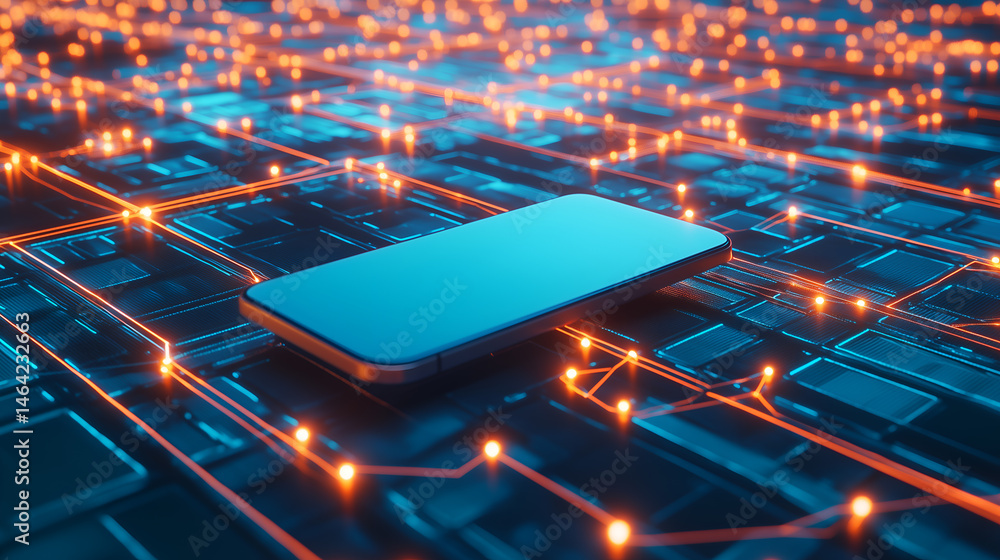 Poster futuristic smartphone placed on a digital circuit board with glowing lines, representing the interco