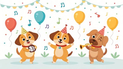 Naklejka premium Three Adorable Cartoon Puppies Celebrating Birthday Party with Music and Balloons