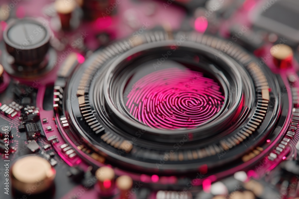 Poster close-up view of a complex circuit board featuring a vibrant pink fingerprint design, showcasing int