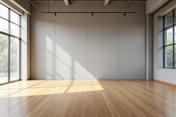 Minimal empty room interior with light wooden floor, clean gray wall, and large windows on bright daylight background. Concept of blank space layout. Ai generative
