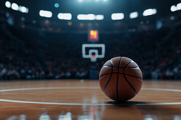 Naklejka premium Basketball on the floor. Modern Basketball Arena with Rings with Spotlights, Creative Idea. Tournament and Win. Basketball game with full hall of fans on background. Basketball Championship 