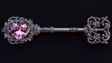 Ornate Silver Key with Pink Heart Gemstone: A Symbol of Love and Mystery