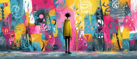 Fototapeta premium Stylized illustration of a slender child in yellow jacket standing before a vibrant, colorful abstract graffiti wall, showcasing urban art and youthful contemplation