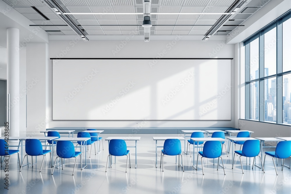 Poster bright classroom with blue chairs and desks facing a blank screen, modern creative architecture, lar