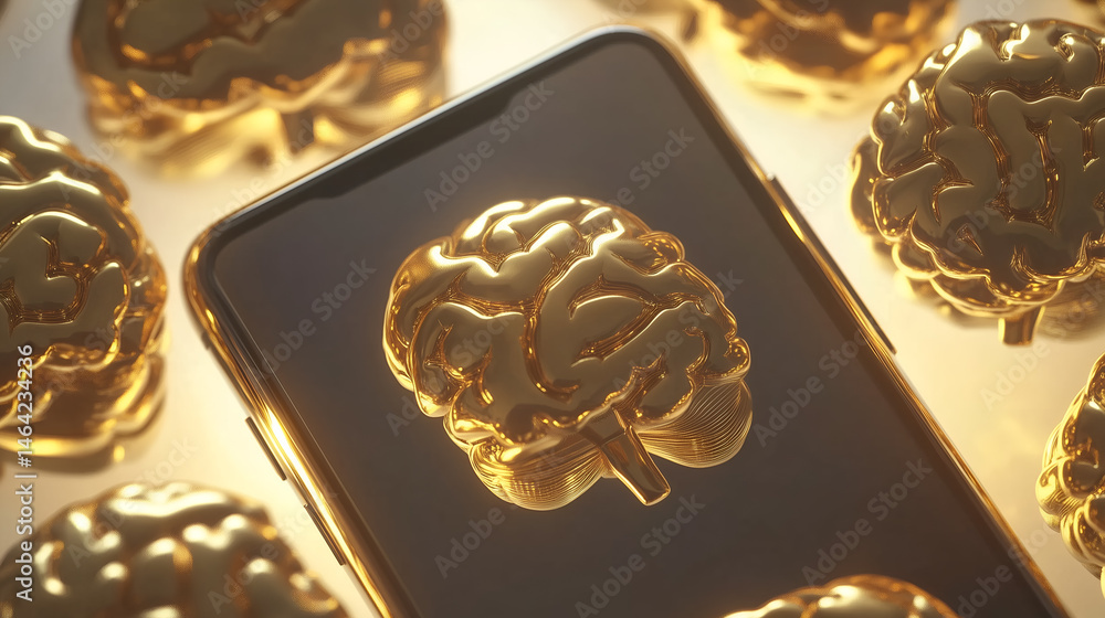 Aufkleber conceptual image of a golden brain on a smartphone, symbolizing intelligence and technology integrat