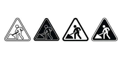 Construction Ahead Sign Icons Set Black and White Triangles Vector Graphic Design