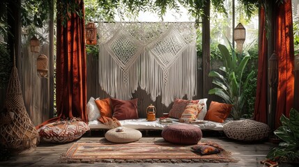 A relaxing outdoor seating area adorned with warm colors and textures.