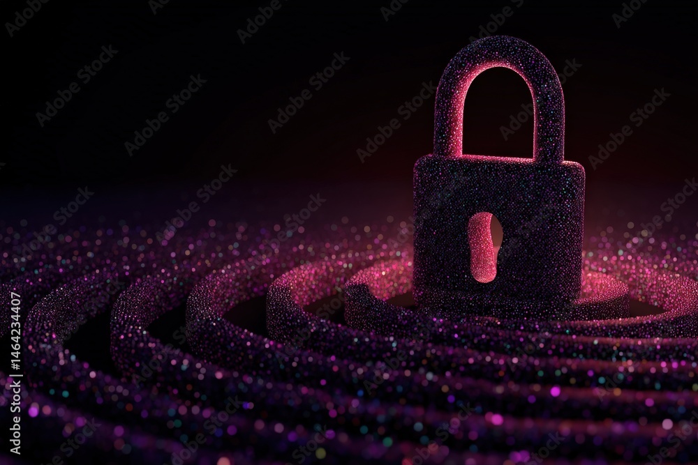 Poster vibrant shimmering padlock surrounded by swirling glittering rings symbolizing digital security and 