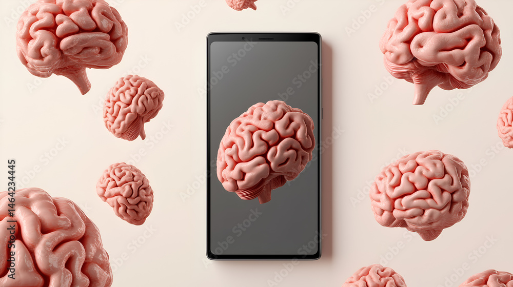 Poster an artistic representation featuring a smartphone surrounded by multiple floating brain models, high