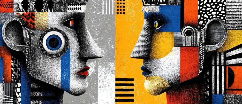 Poster abstract geometric face art with bold colors and patterns, showcasing modern artistic expression and